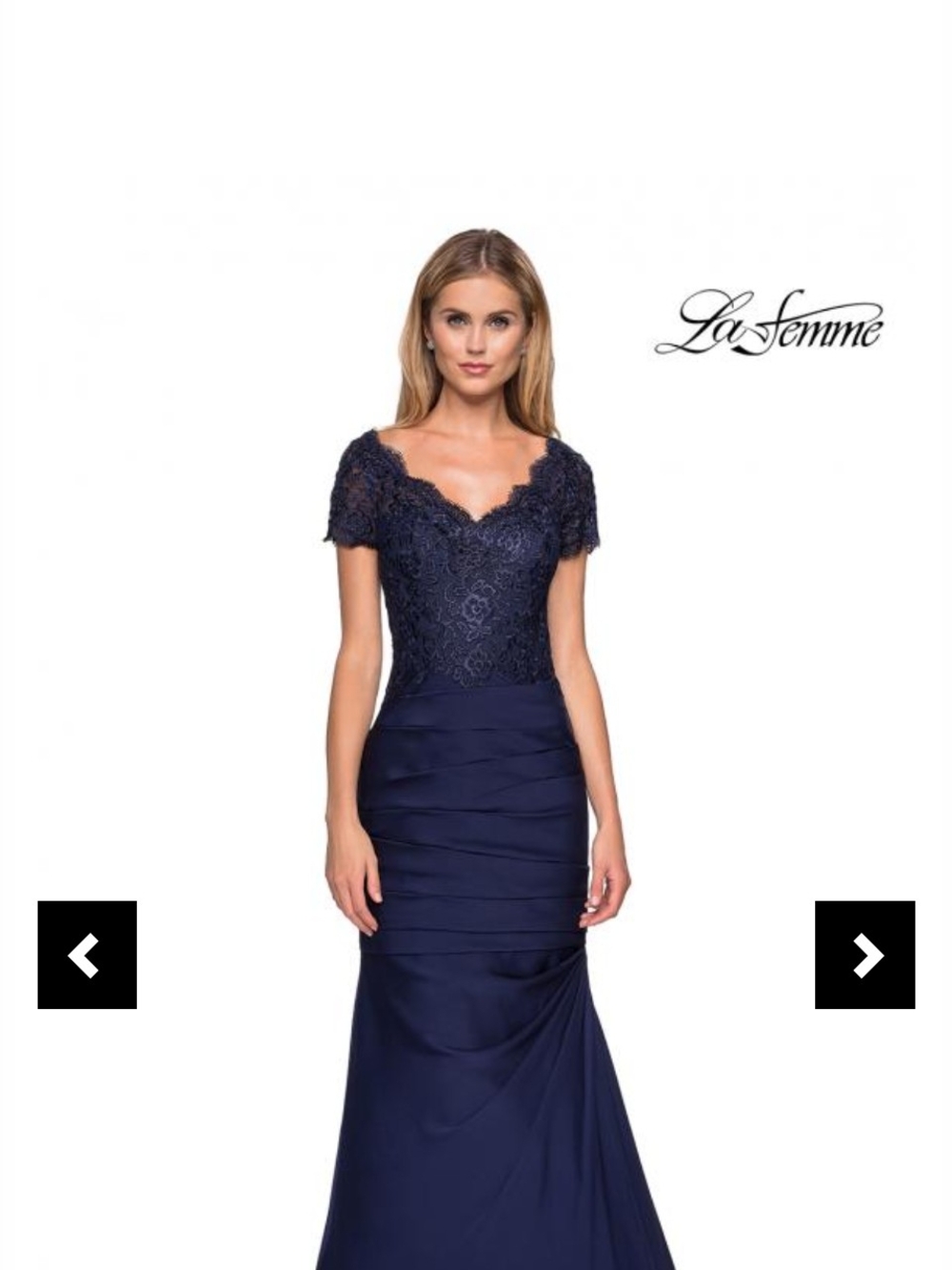 La Femme Navy Lace Short-Sleeve Evening Gown
